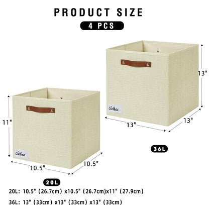 Contenedores cúbicos plegables de almacenamiento de tela con 2 asas de PU reforzadas, 13" x 13" x 13", paquete de 4