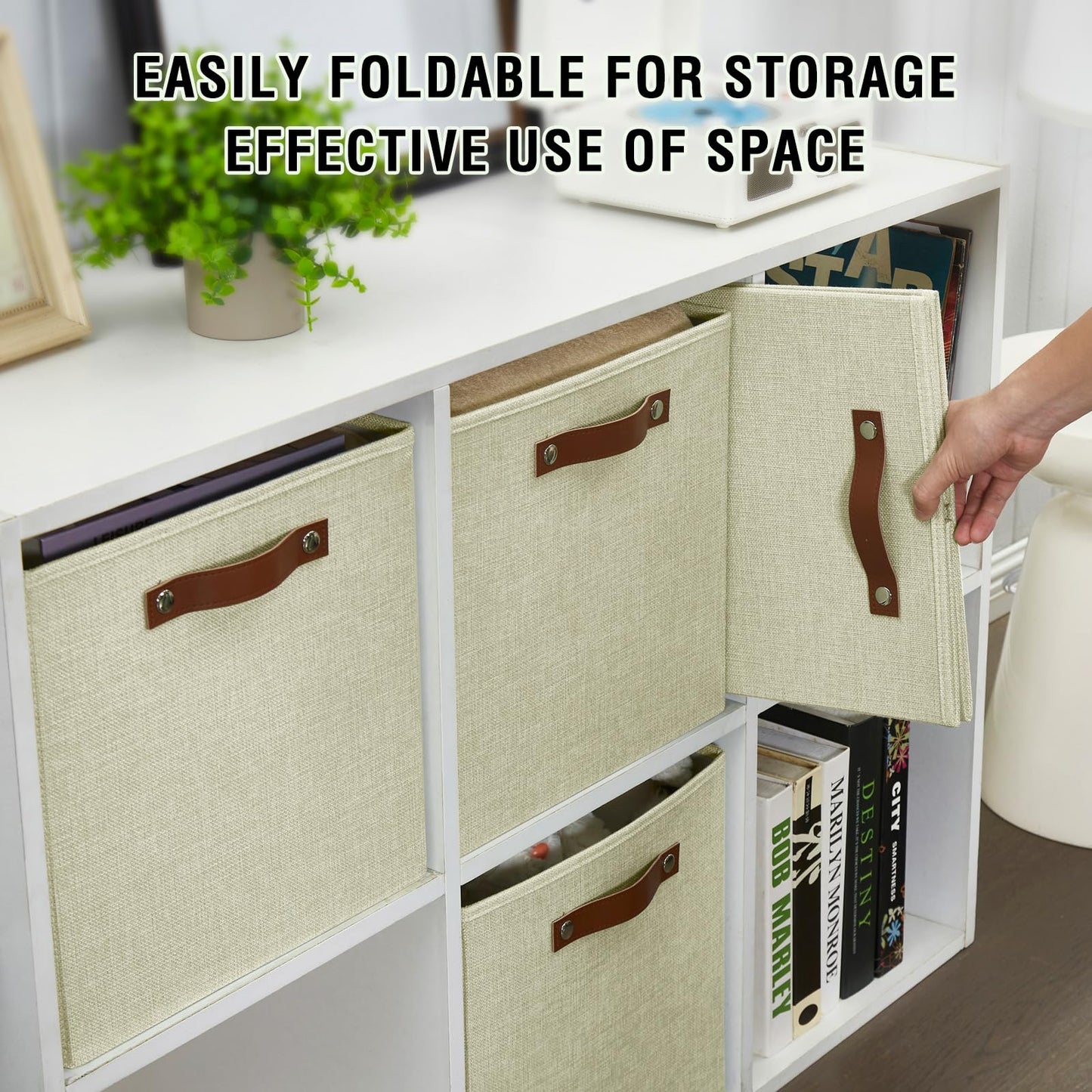 Contenedores cúbicos plegables de almacenamiento de tela con 2 asas de PU reforzadas, 13" x 13" x 13", paquete de 4