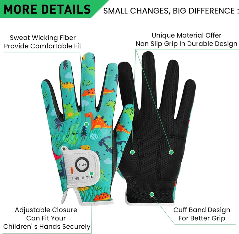 FINGER TEN Guantes de golf para niños, mano izquierda o derecha, paquete de 1 con diseño fresco, Small