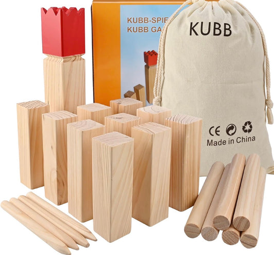 Juego de ajedrez vikingo Kubb de oro con figuras de madera