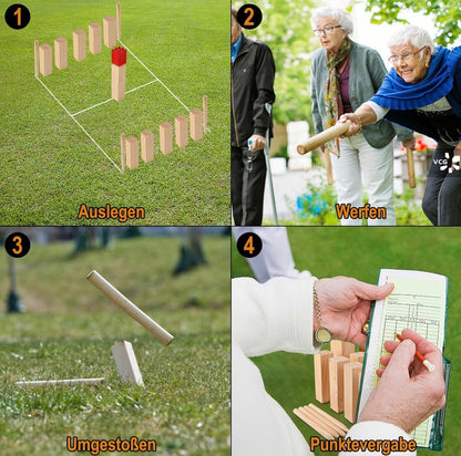 Juego de ajedrez vikingo Kubb de oro con figuras de madera