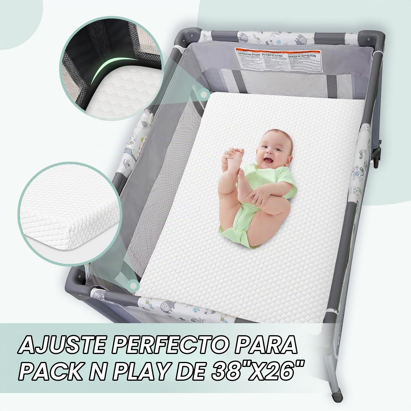 Criblike waterproof pack N Play Colchón, 38 x 26 colchón de espuma viscoelástica suave y firme