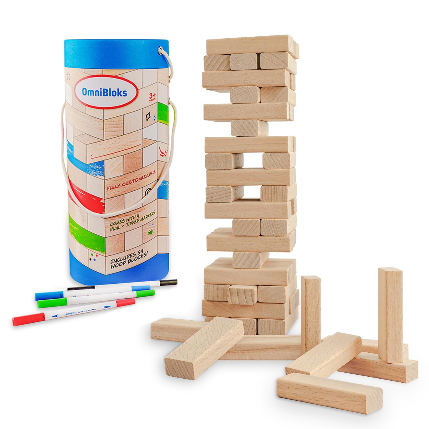 Juego de torre con 54 bloques en blanco, 4 marcadores para colorear