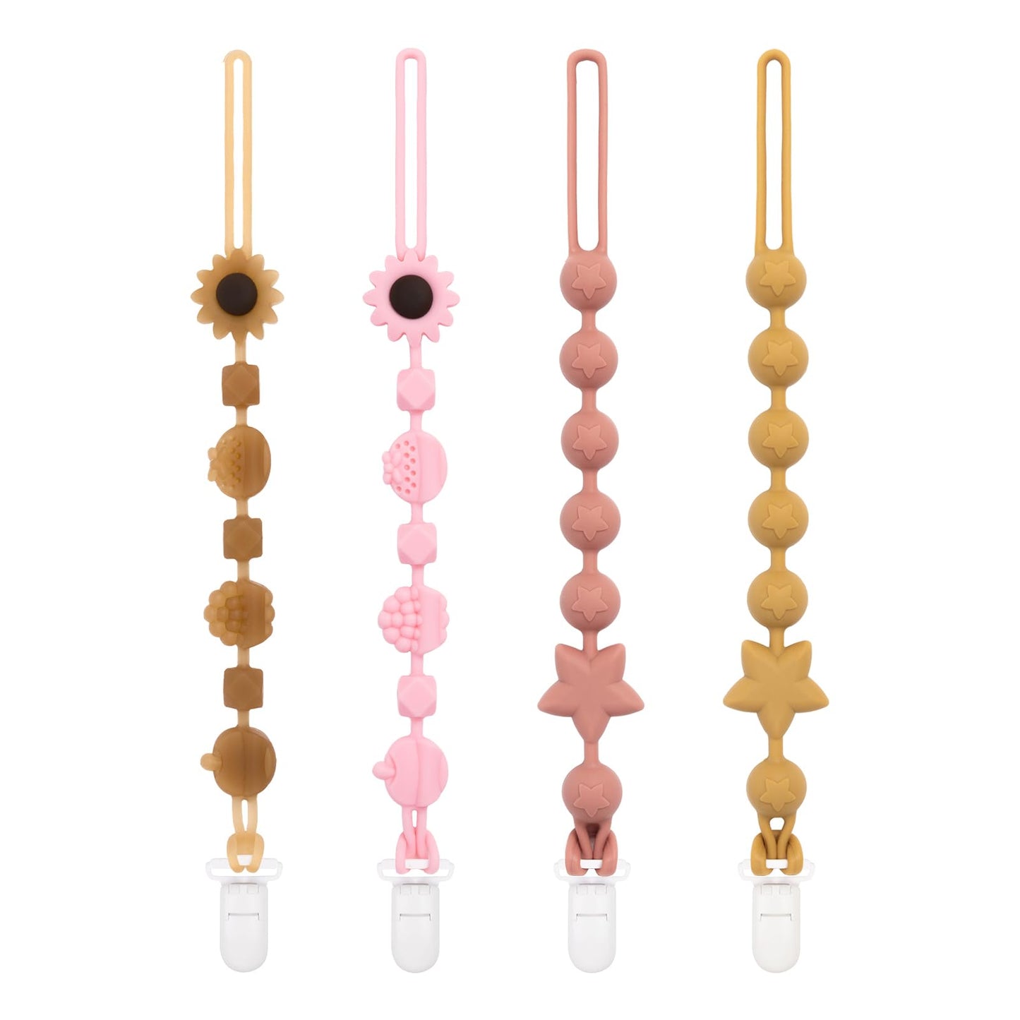 Broches de silicona para chupetes Babygoal, paquete de 4
