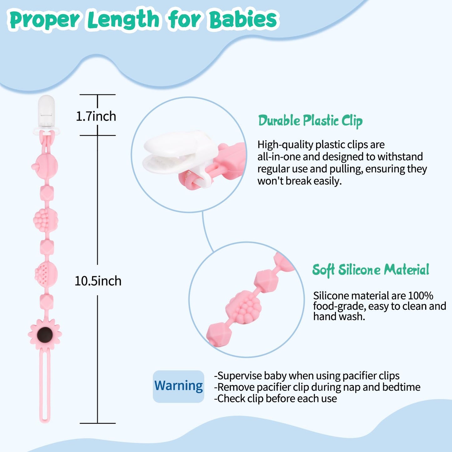 Broches de silicona para chupetes Babygoal, paquete de 4