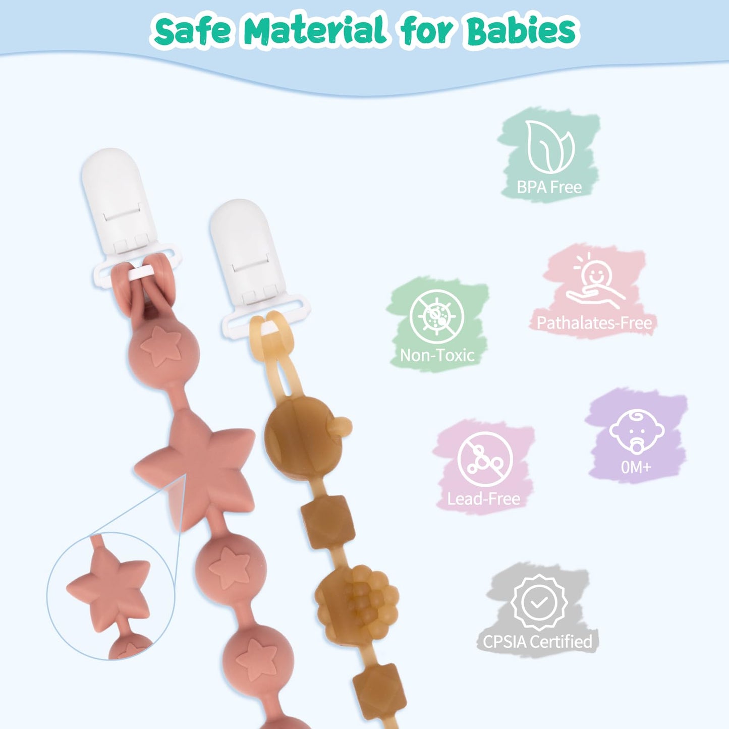 Broches de silicona para chupetes Babygoal, paquete de 4