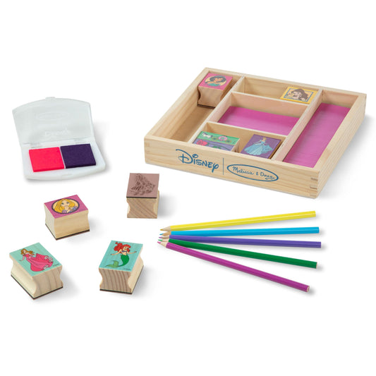 Princesas de Disney Melissa & Doug, juego de sellos: 9 sellos, 5 lápices de colores, de madera y 2 almohadillas de estampas de colores