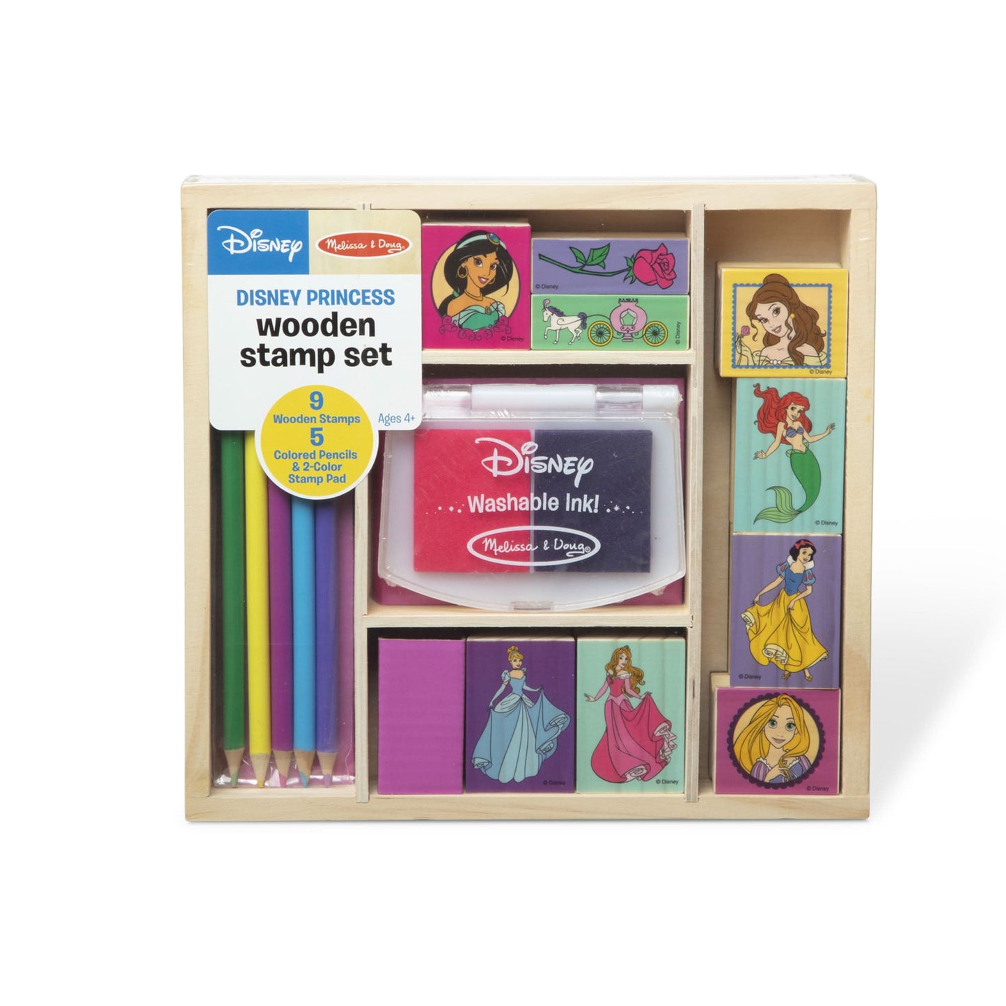 Princesas de Disney Melissa & Doug, juego de sellos: 9 sellos, 5 lápices de colores, de madera y 2 almohadillas de estampas de colores