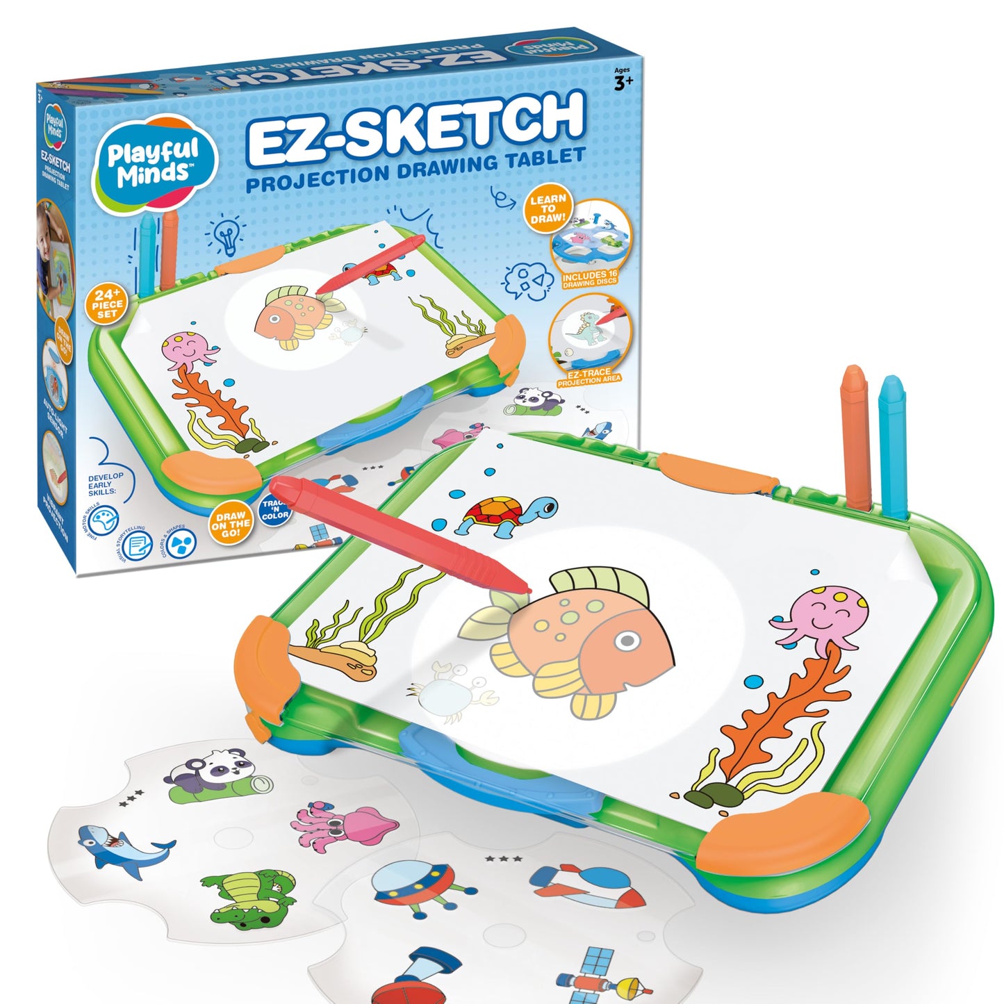 Playful Minds EZ Sketch - Tableta de dibujo proyector, 24 piezas, proyección de luz de rastreo y color para trazar