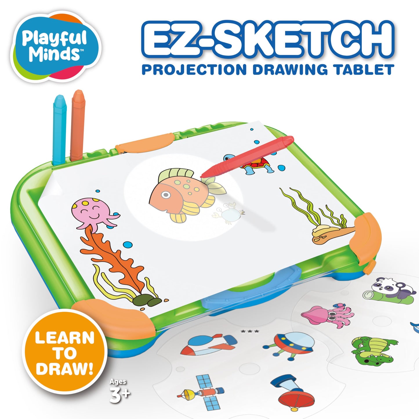 Playful Minds EZ Sketch - Tableta de dibujo proyector, 24 piezas, proyección de luz de rastreo y color para trazar