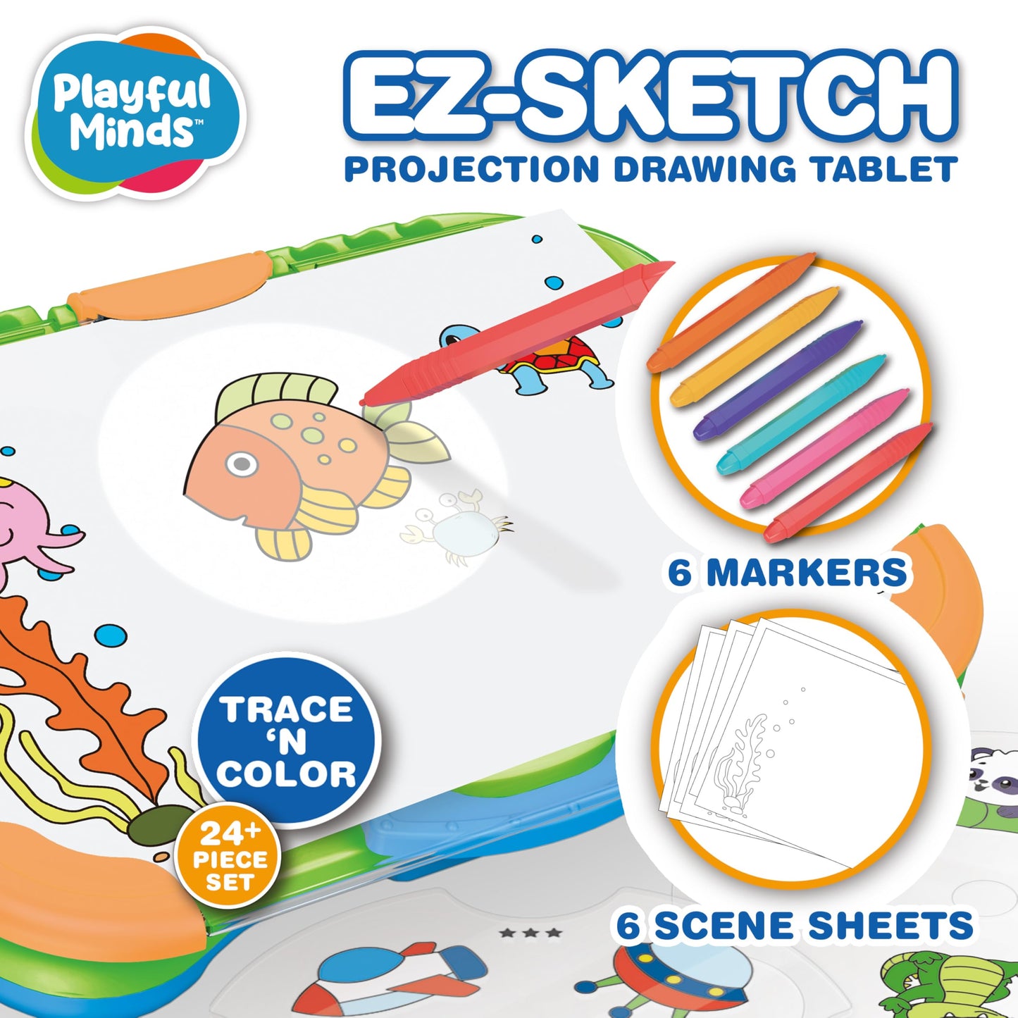Playful Minds EZ Sketch - Tableta de dibujo proyector, 24 piezas, proyección de luz de rastreo y color para trazar