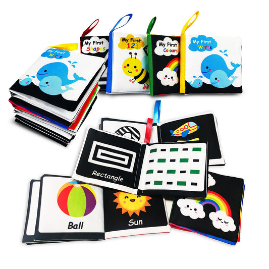 Libros de tela suave para bebés en blanco y negro (paquete de 4)