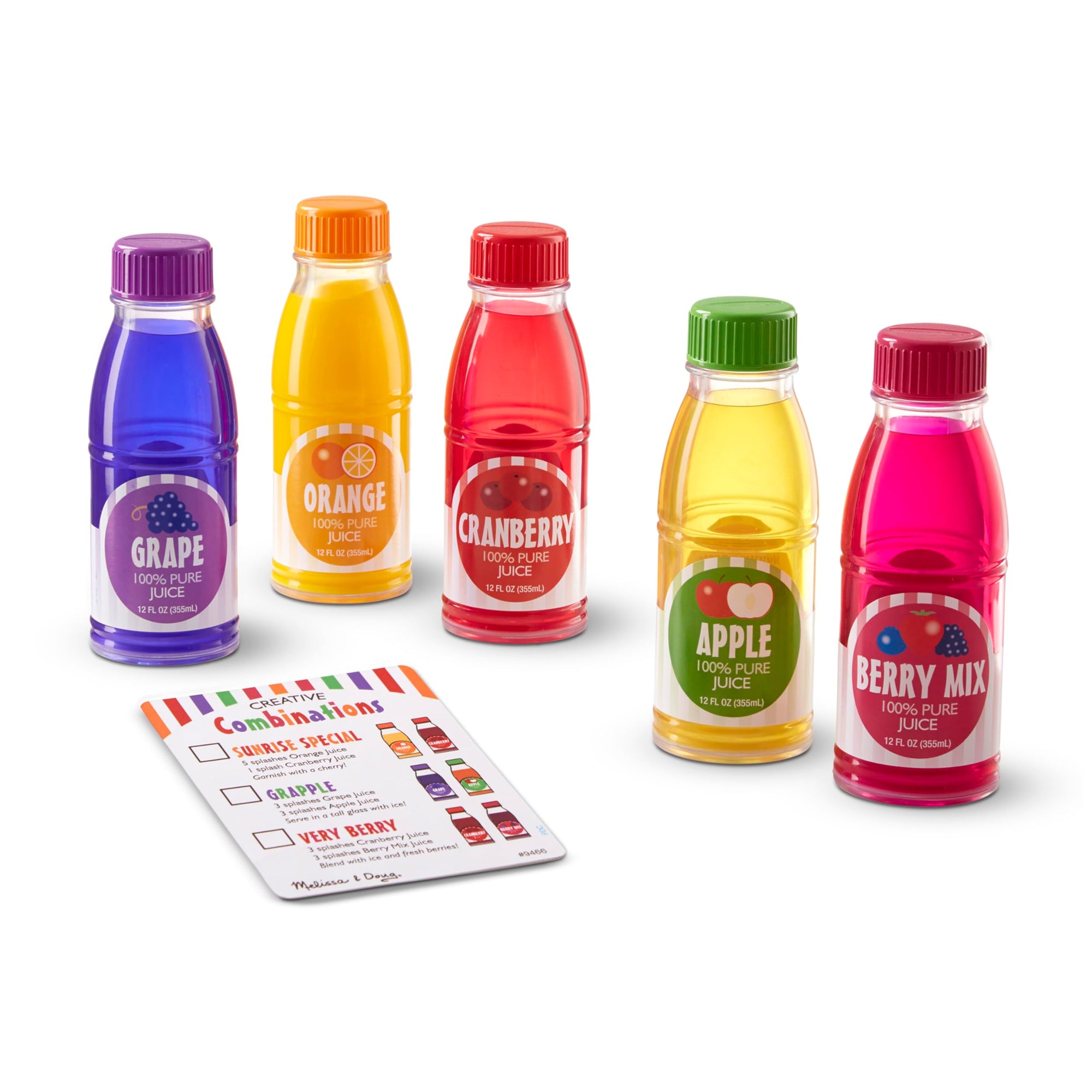 Melissa & Doug Tip & Sip Botellas de jugo de juguete y tarjeta de actividades (6 piezas)