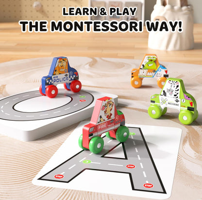 BEKILOLE 4 autos de carreras de madera, juguetes de aprendizaje Montessori