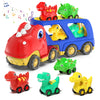 Veslier camión transportador de dinosaurios con paquete de 4 coches pequeños de dinosaurio extraíbles