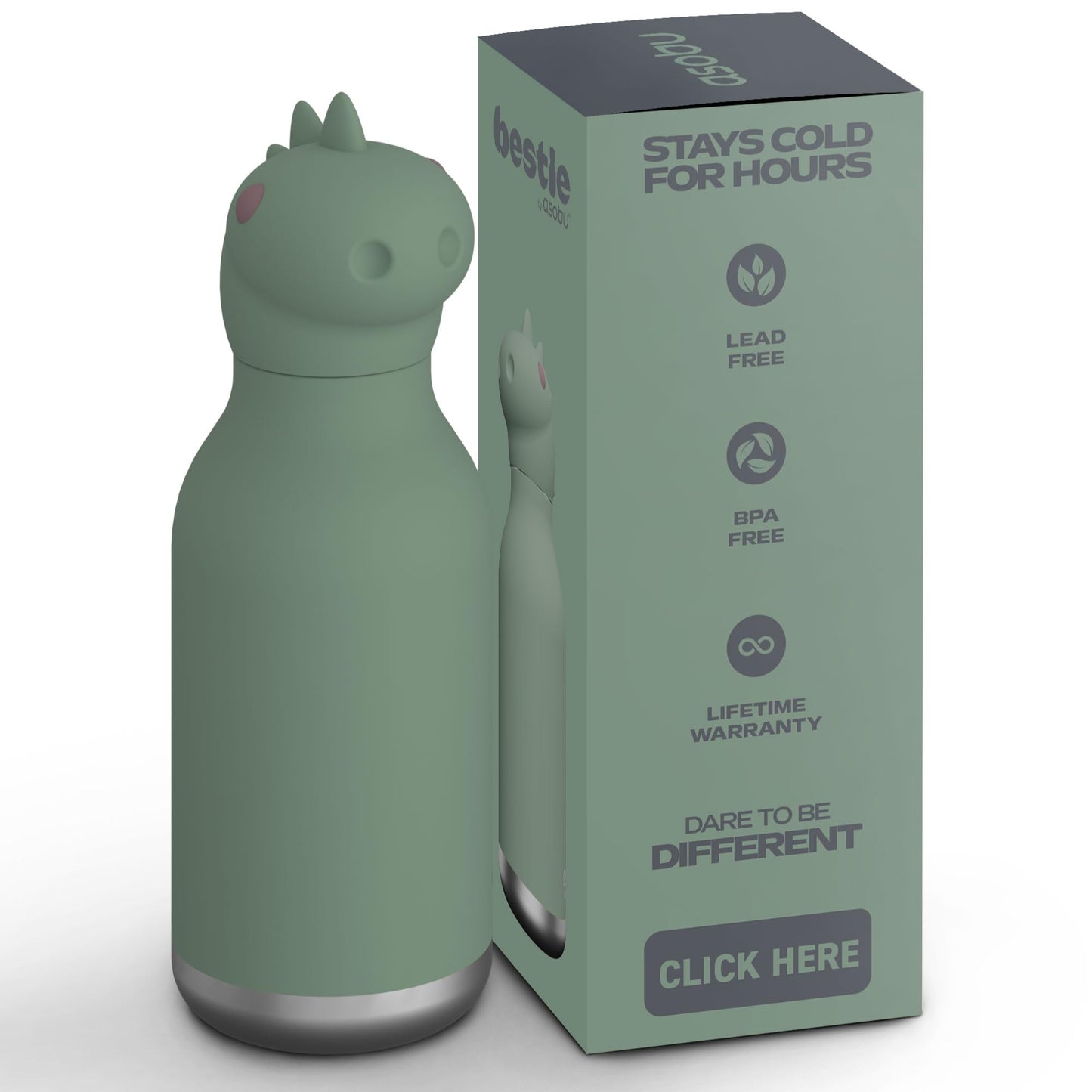 asobu Bestie Bottle - Botella de agua aislada de acero inoxidable con cabeza de animal suave desmontable