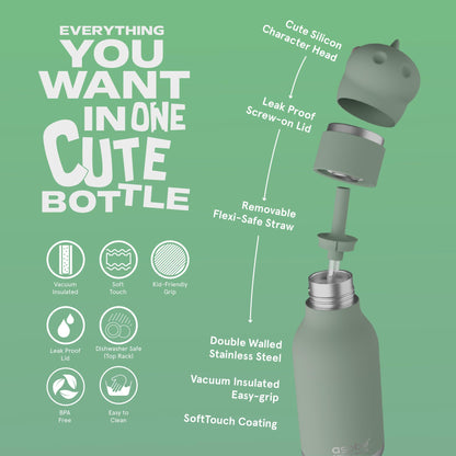 asobu Bestie Bottle - Botella de agua aislada de acero inoxidable con cabeza de animal suave desmontable