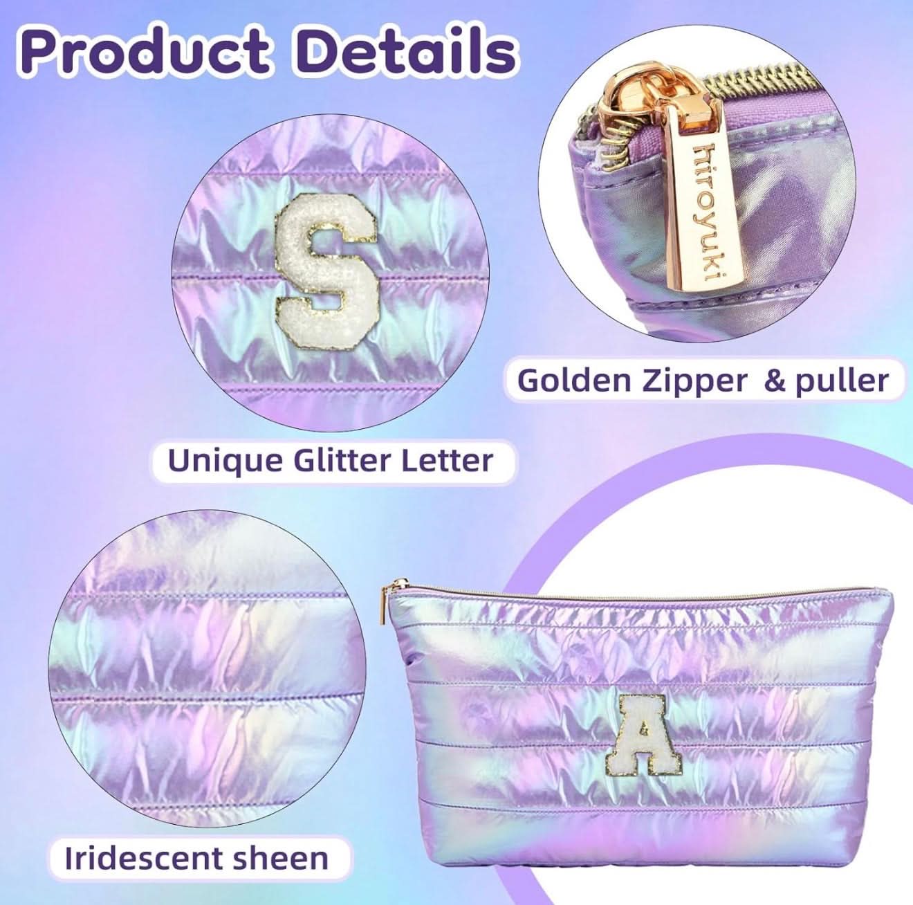 Hiroyuki Bolsa de maquillaje iridiscente, bolsa de cosméticos de 14 pulgadas