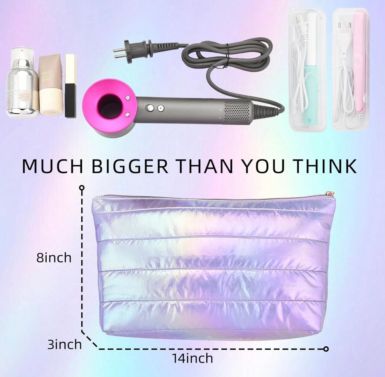 Hiroyuki Bolsa de maquillaje iridiscente, bolsa de cosméticos de 14 pulgadas