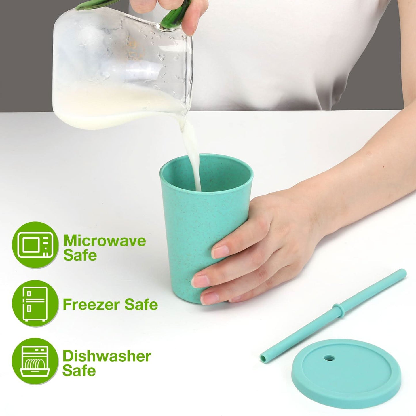 Mfacoy Paquete de 4 vasos de paja de trigo con tapa y pajitas, vaso irrompible de 10 onzas