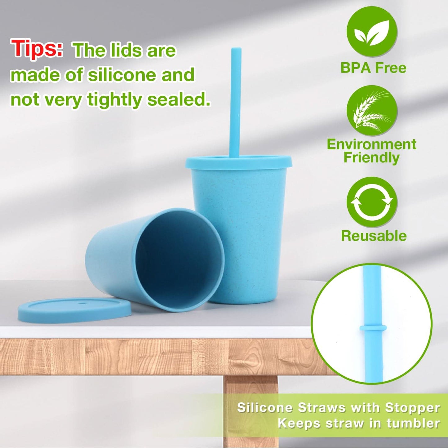 Mfacoy Paquete de 4 vasos de paja de trigo con tapa y pajitas, vaso irrompible de 10 onzas