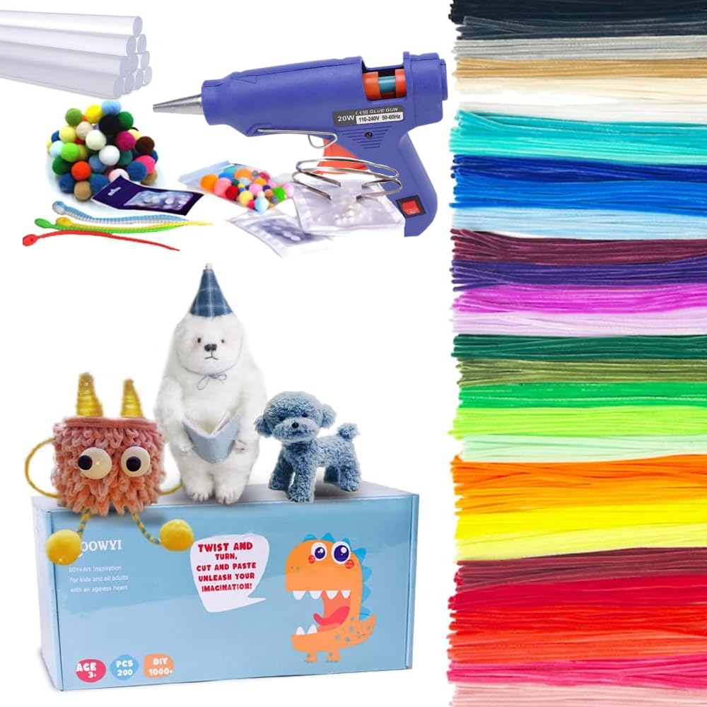 Limpiapipas de 30 colores con pistola de pegamento termofusible, múltiples materiales