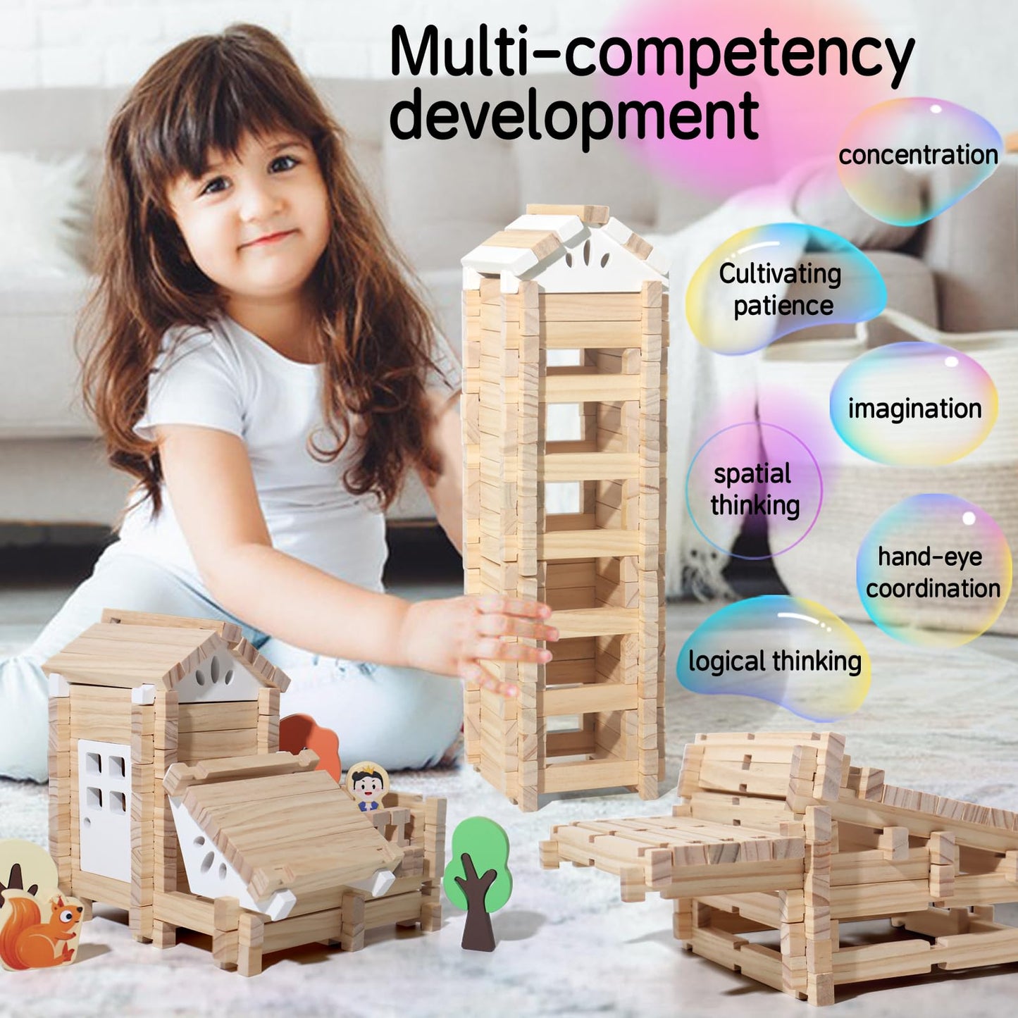 BESTAMTOY Juego de cabañas de madera de 170 piezas