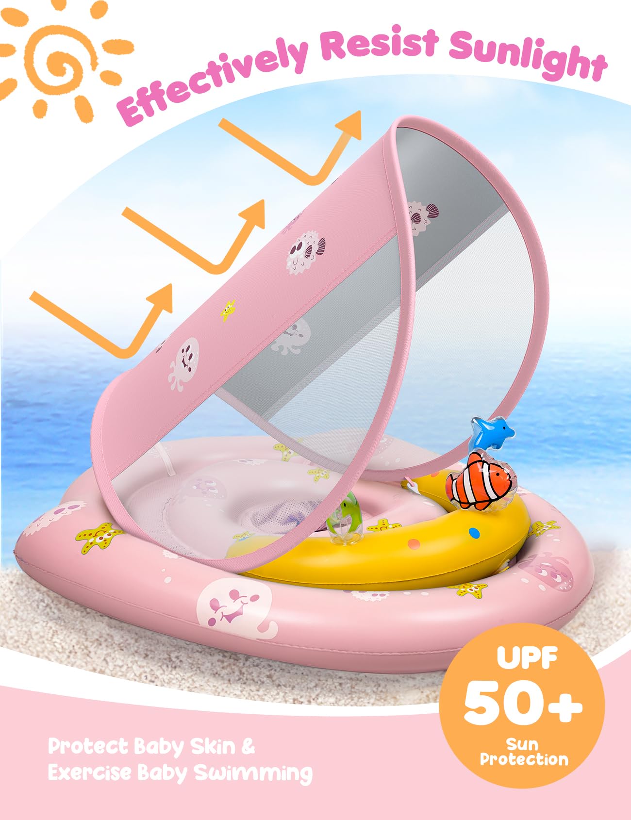 Flotador infantil para piscina con toldo de protección solar UPF50+, 6-36 meses