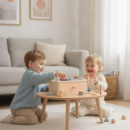 Caja clasificadora de formas de madera en tonos pastel
