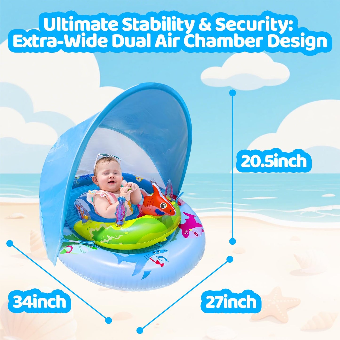 Flotador inflable de piscina para bebés con toldo de protección solar UPF50+, 6-36 meses