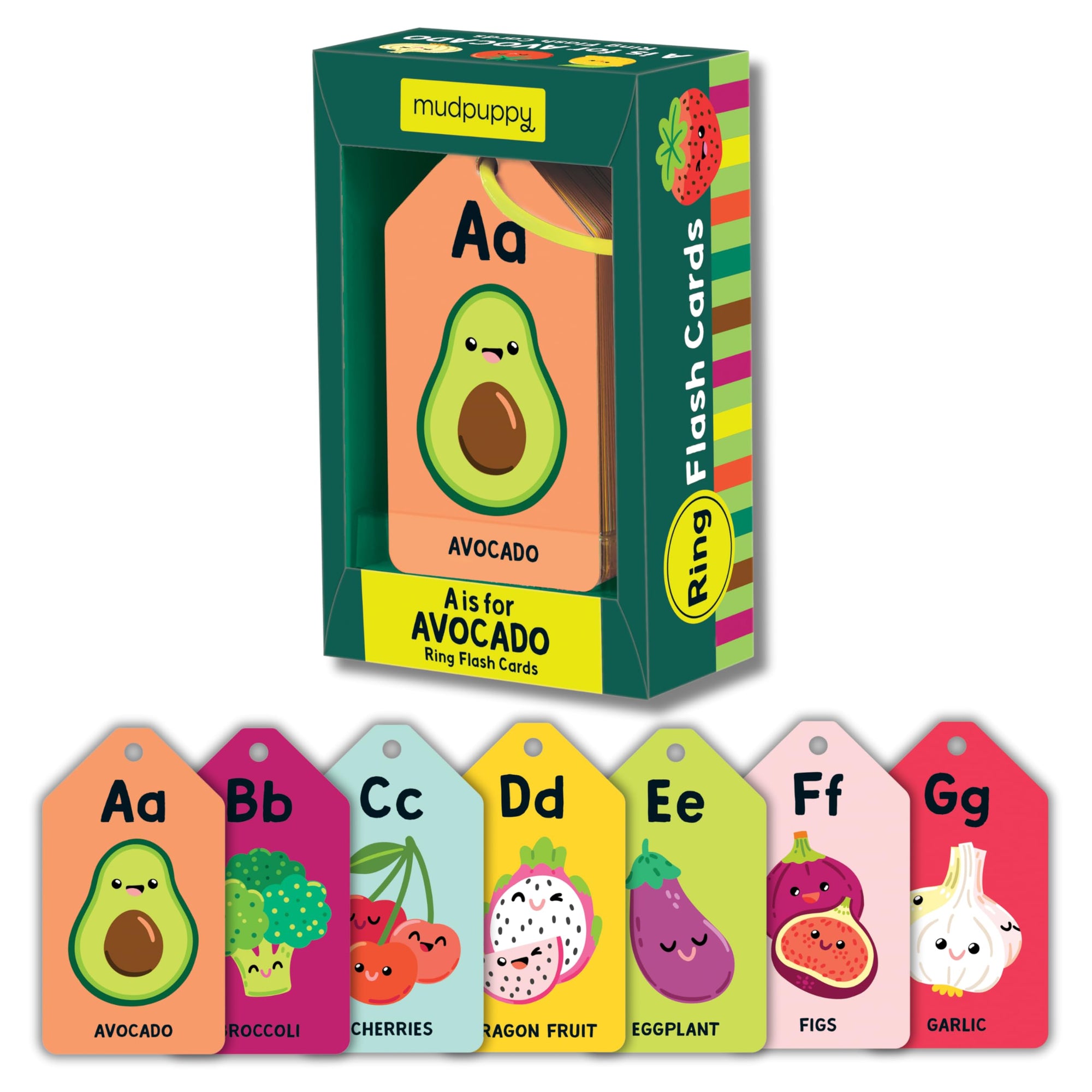 Mudpuppy A es para Aguacate — Tarjetas didácticas en forma de anillo, 26 unidades