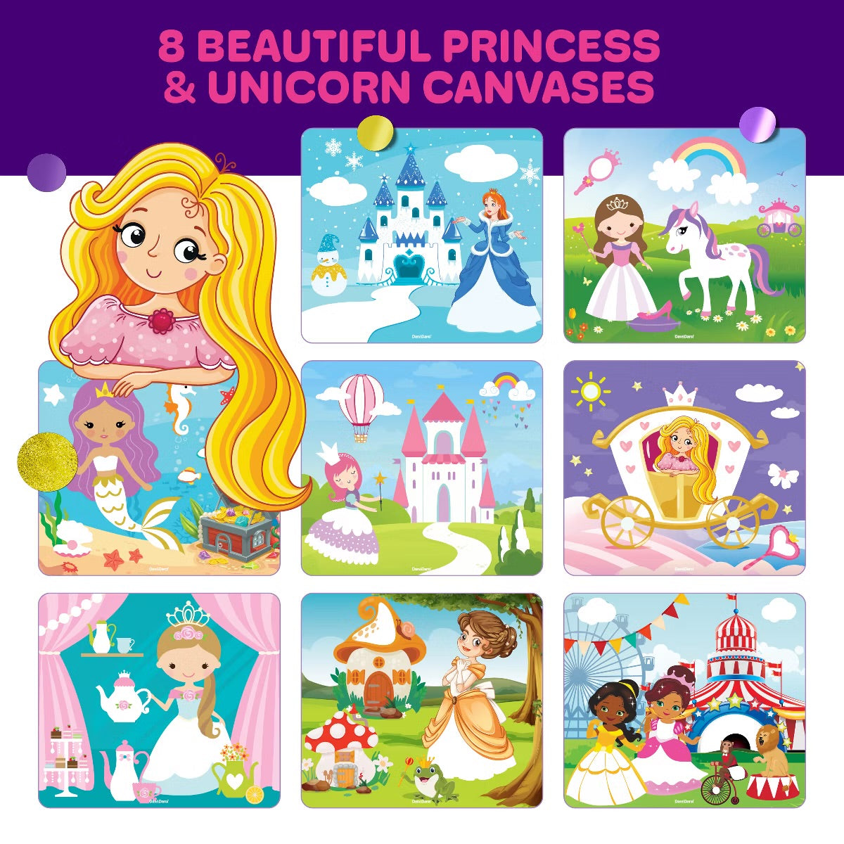 Arte con pegatinas de puntos de Dan&Darci: Princesas y unicornios
