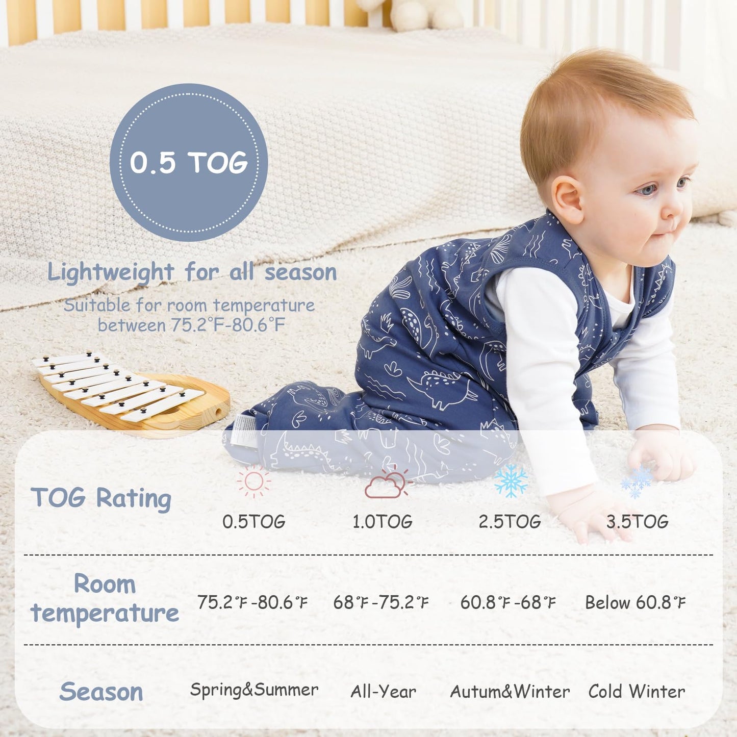 Looxii Saco de dormir para bebé de 0.5 TOG, 100% algodón, 6-12 meses