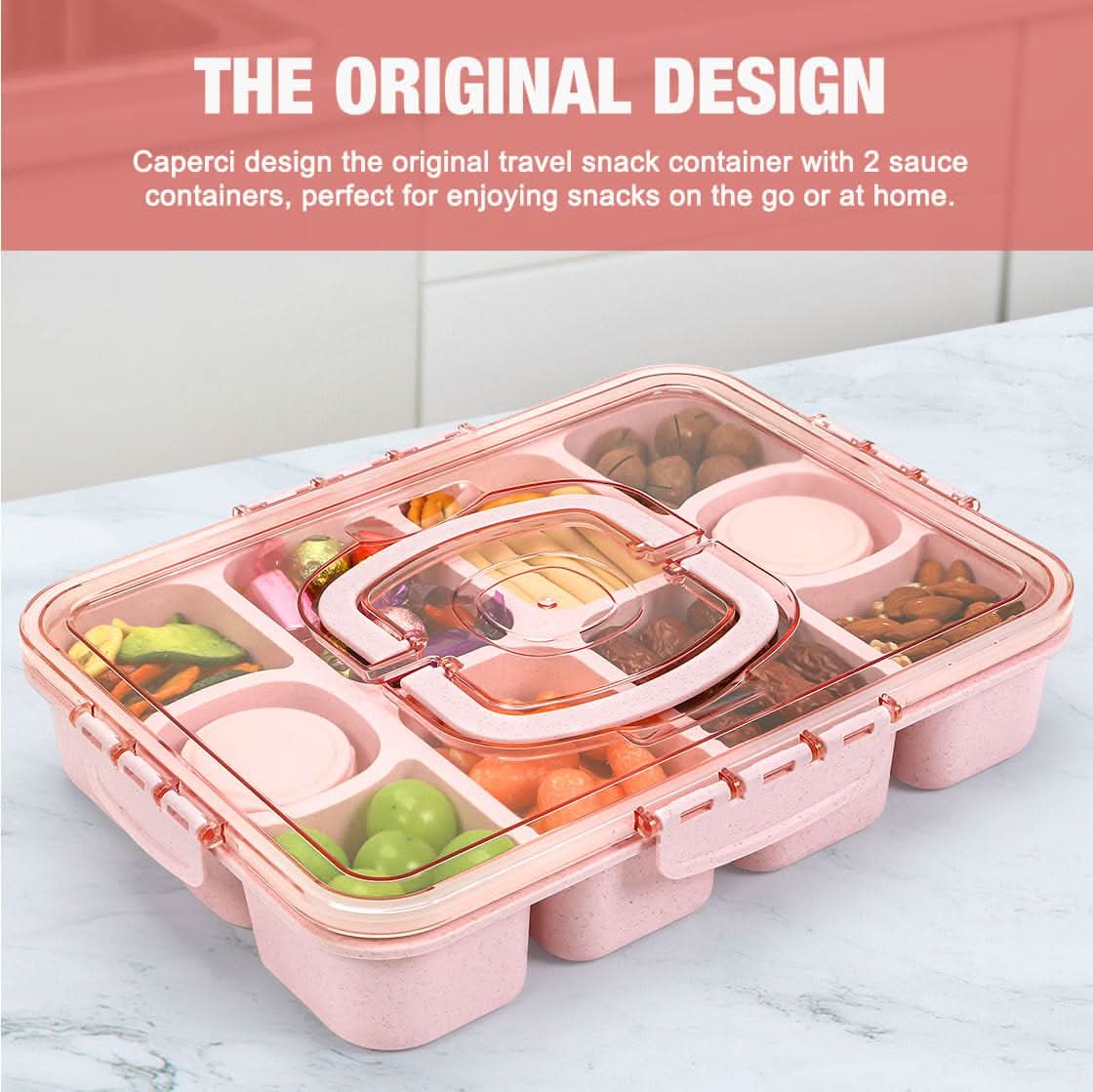Caperci Snackle Box Container - Bandeja grande de 10 compartimentos dividida para servir con tapa