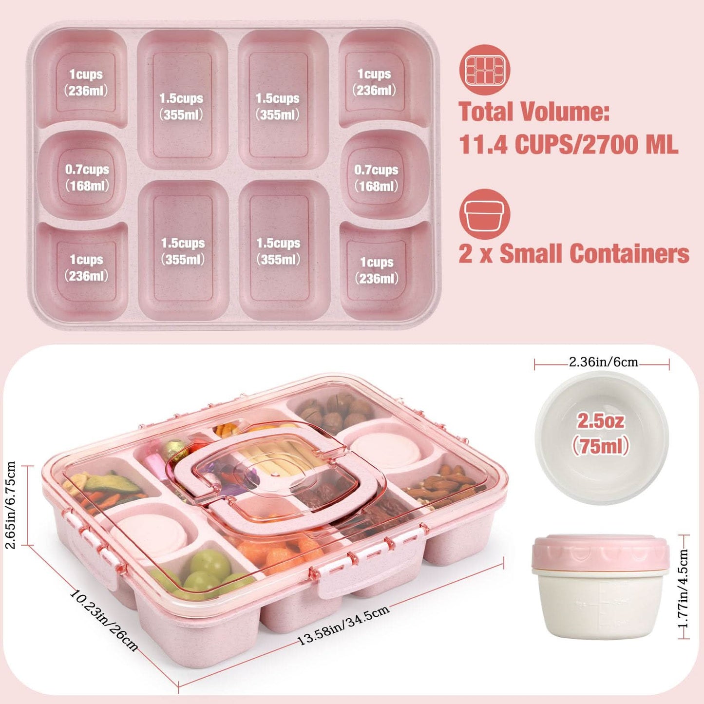 Caperci Snackle Box Container - Bandeja grande de 10 compartimentos dividida para servir con tapa