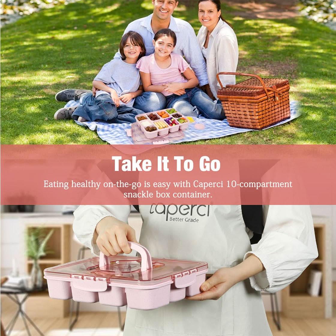Caperci Snackle Box Container - Bandeja grande de 10 compartimentos dividida para servir con tapa