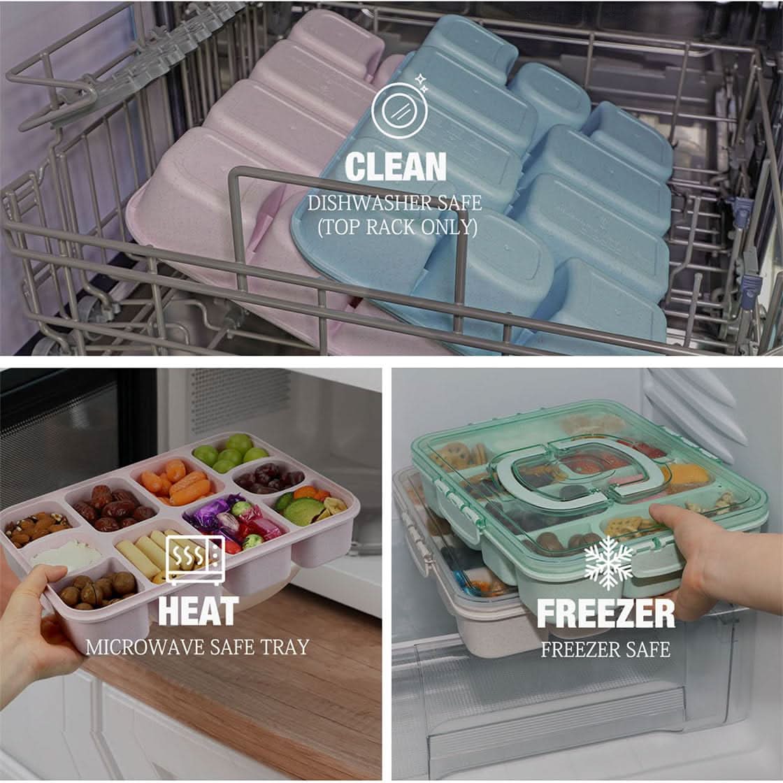 Caperci Snackle Box Container - Bandeja grande de 10 compartimentos dividida para servir con tapa