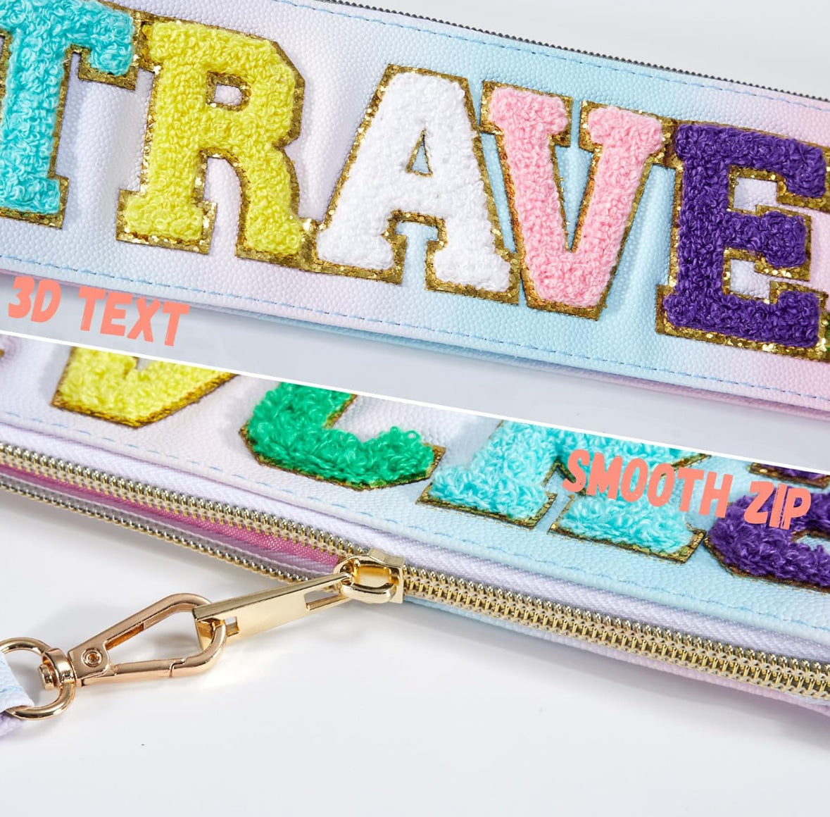 Bolsa transparente de chenilla con letras