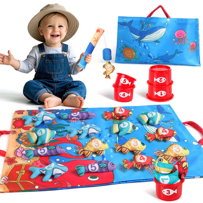 Juego de pesca de tela con 5 vasos apilables y 15 peces