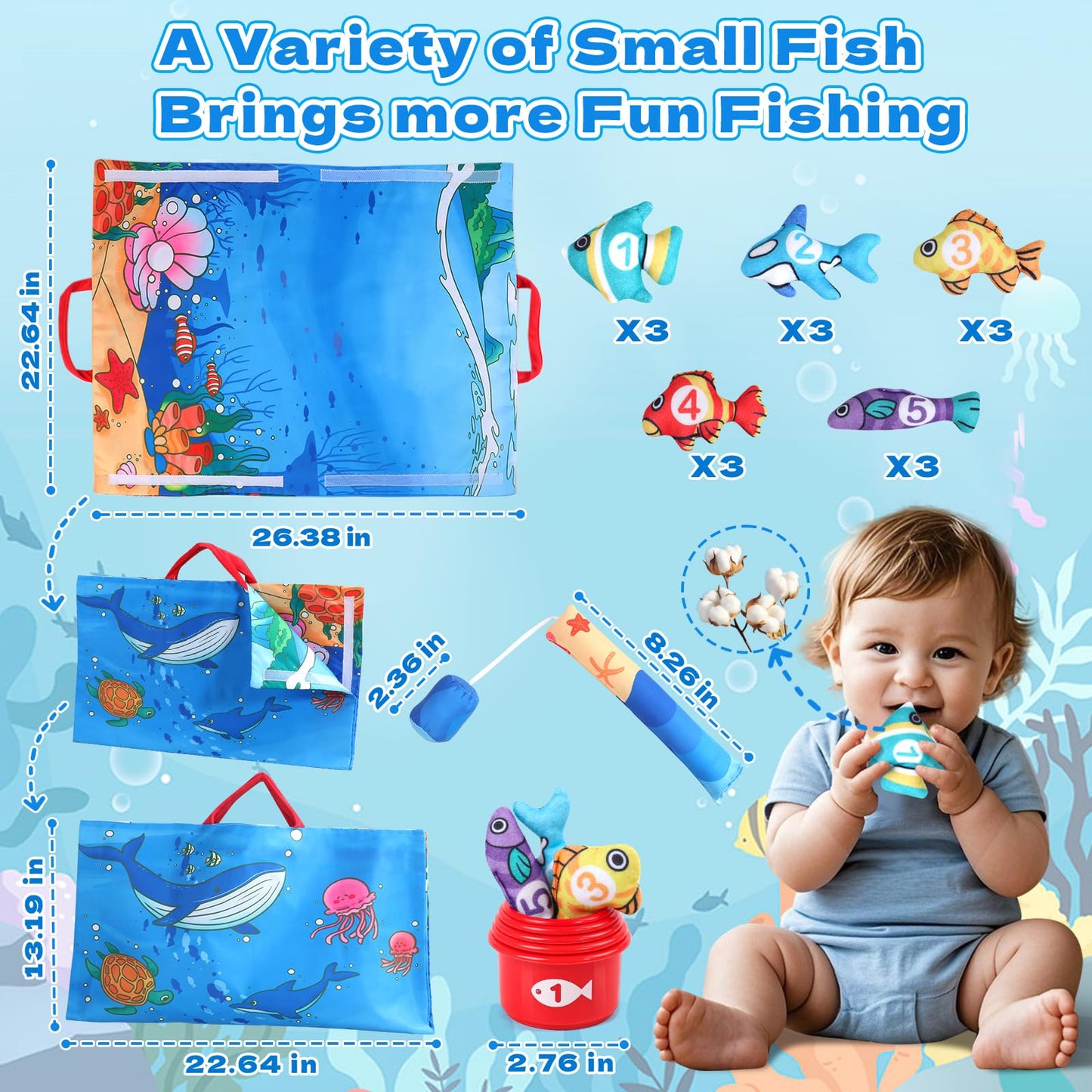 Juego de pesca de tela con 5 vasos apilables y 15 peces