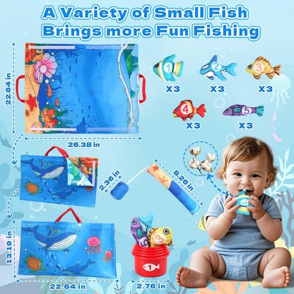 Juego de pesca de tela con 5 vasos apilables y 15 peces