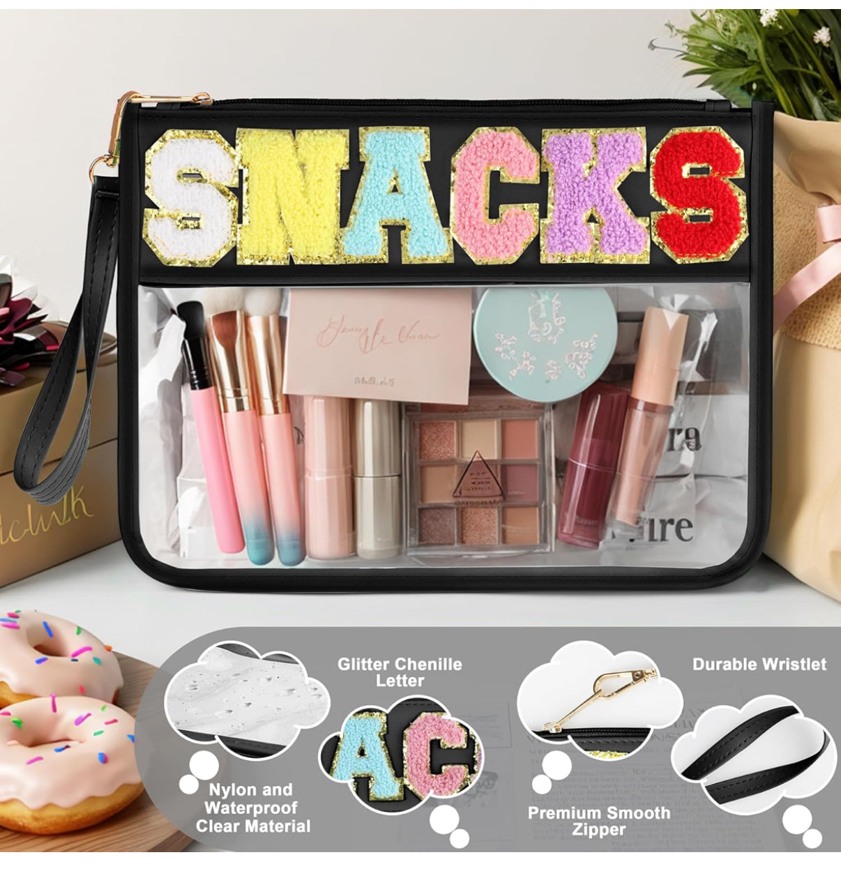 2 bolsas de felpilla transparente con letras