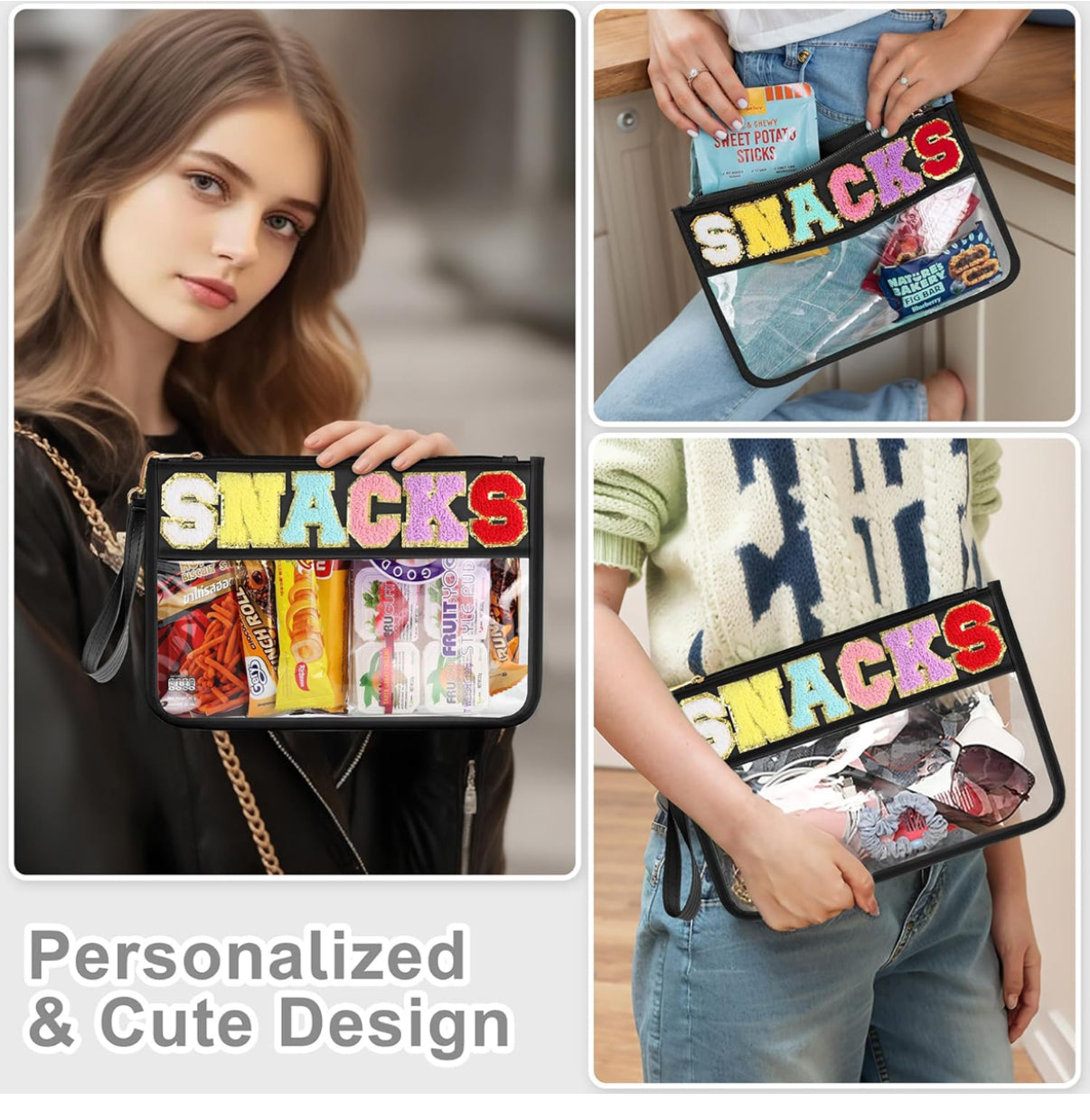 2 bolsas de felpilla transparente con letras