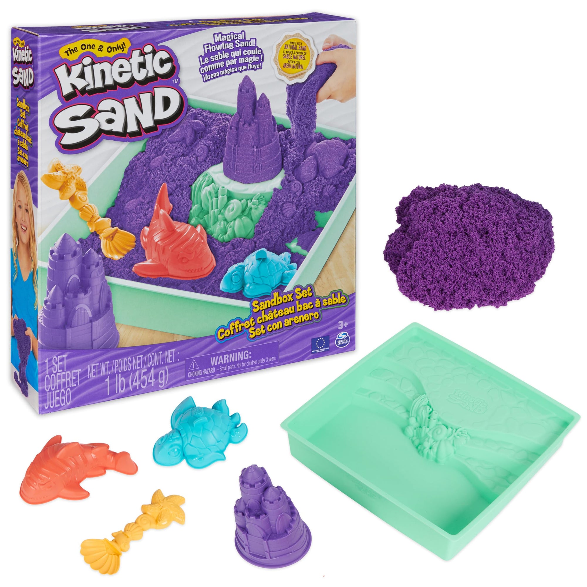 Kinetic Sand Juego de caja de arena, arena de juego morada de 1 libra