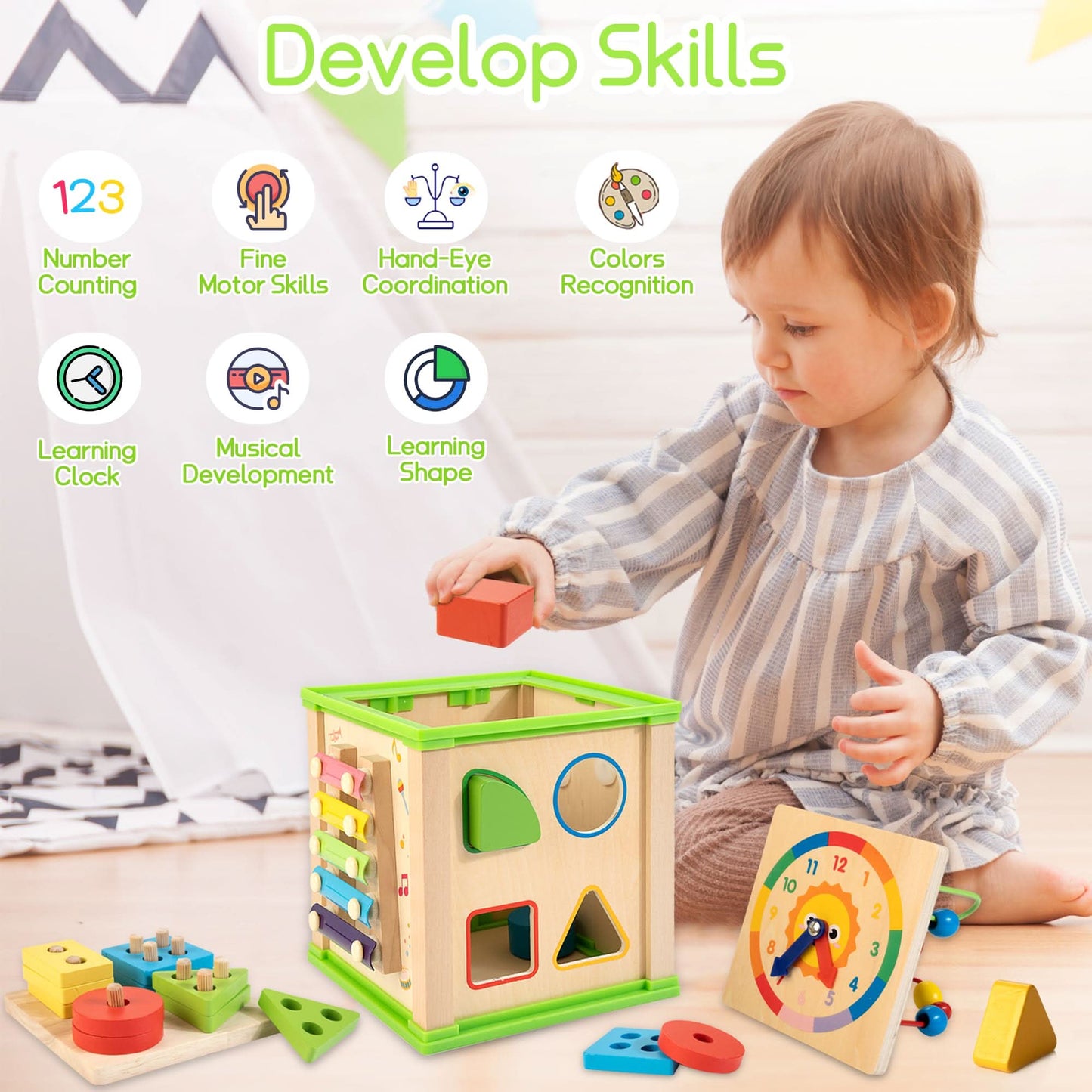 Cubo de actividades de madera 7 en 1 | Juguetes Montessori