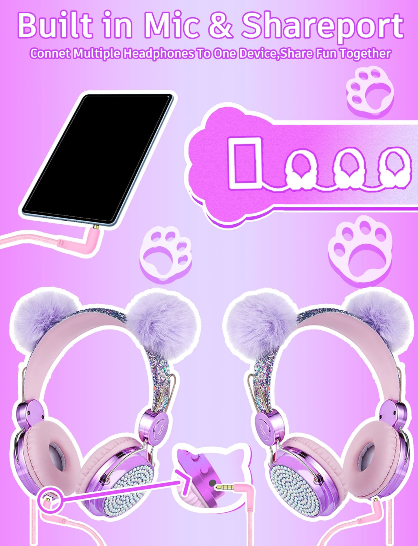 Auriculares con pompón para niños con micrófono para viaje/coche/avión