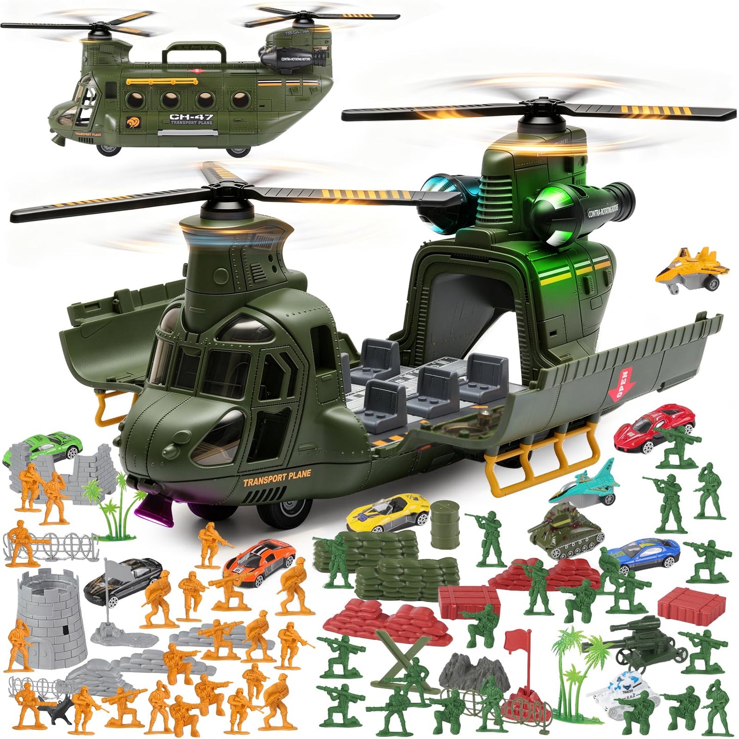 Juego de juguetes de helicóptero militar con luz