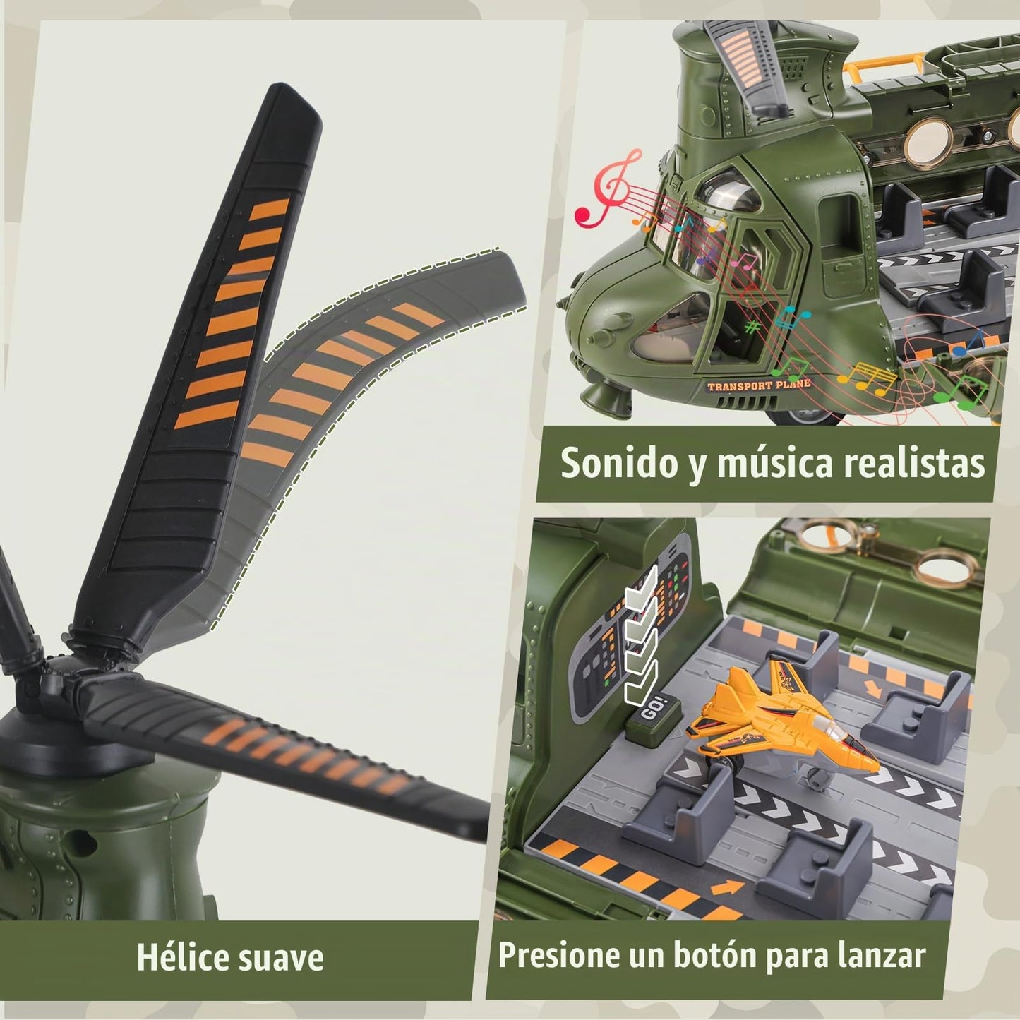 Juego de juguetes de helicóptero militar con luz