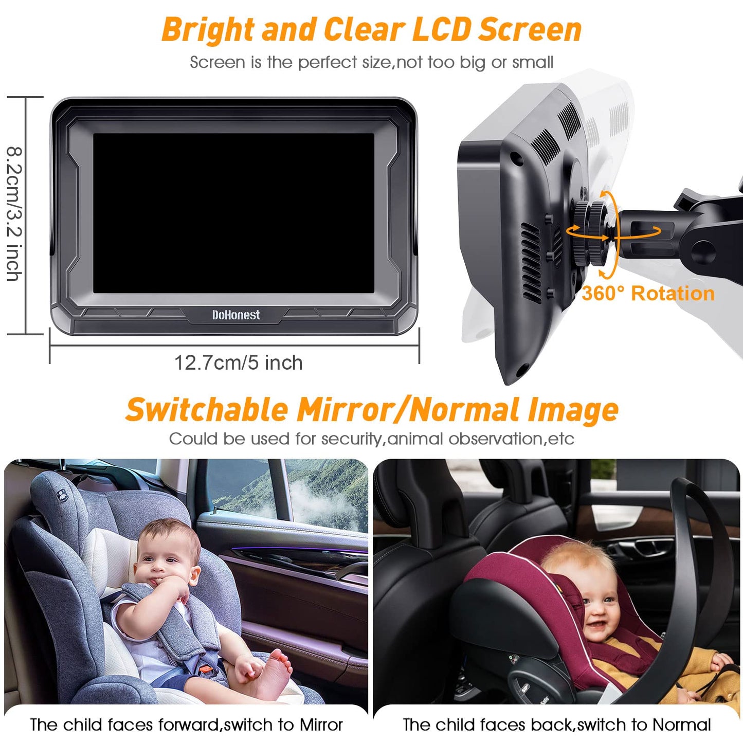 DoHonest Cámara de Coche para Bebé HD 1080P - Monitor para Bebé en Coche con Visión Nocturna