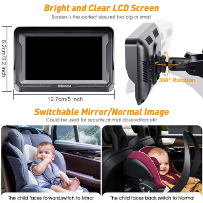 DoHonest Cámara de Coche para Bebé HD 1080P - Monitor para Bebé en Coche con Visión Nocturna